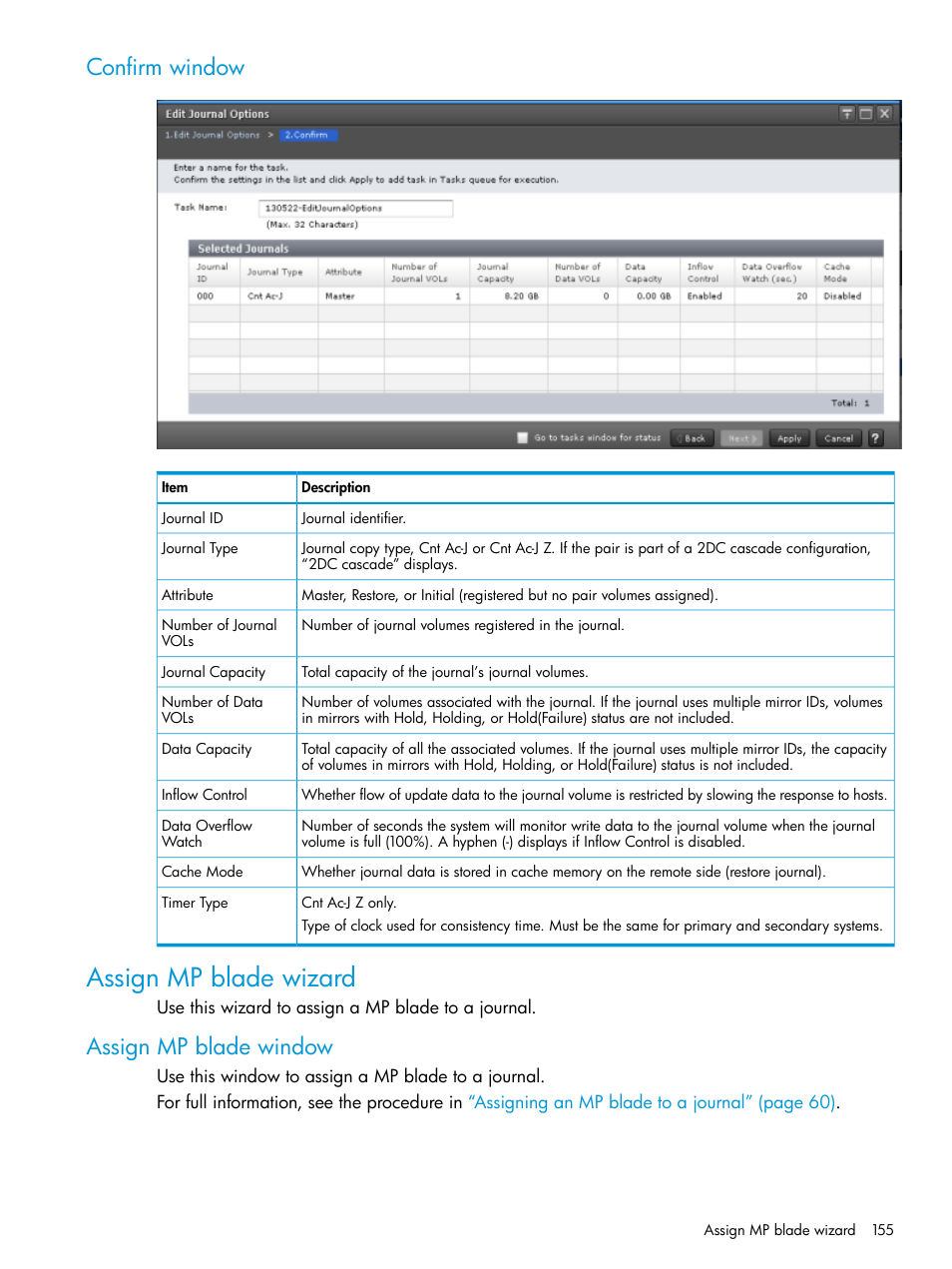 Confirm window, Assign mp blade wizard, Assign mp blade window | HP XP7 Storage User Manual | Page 155 / 186