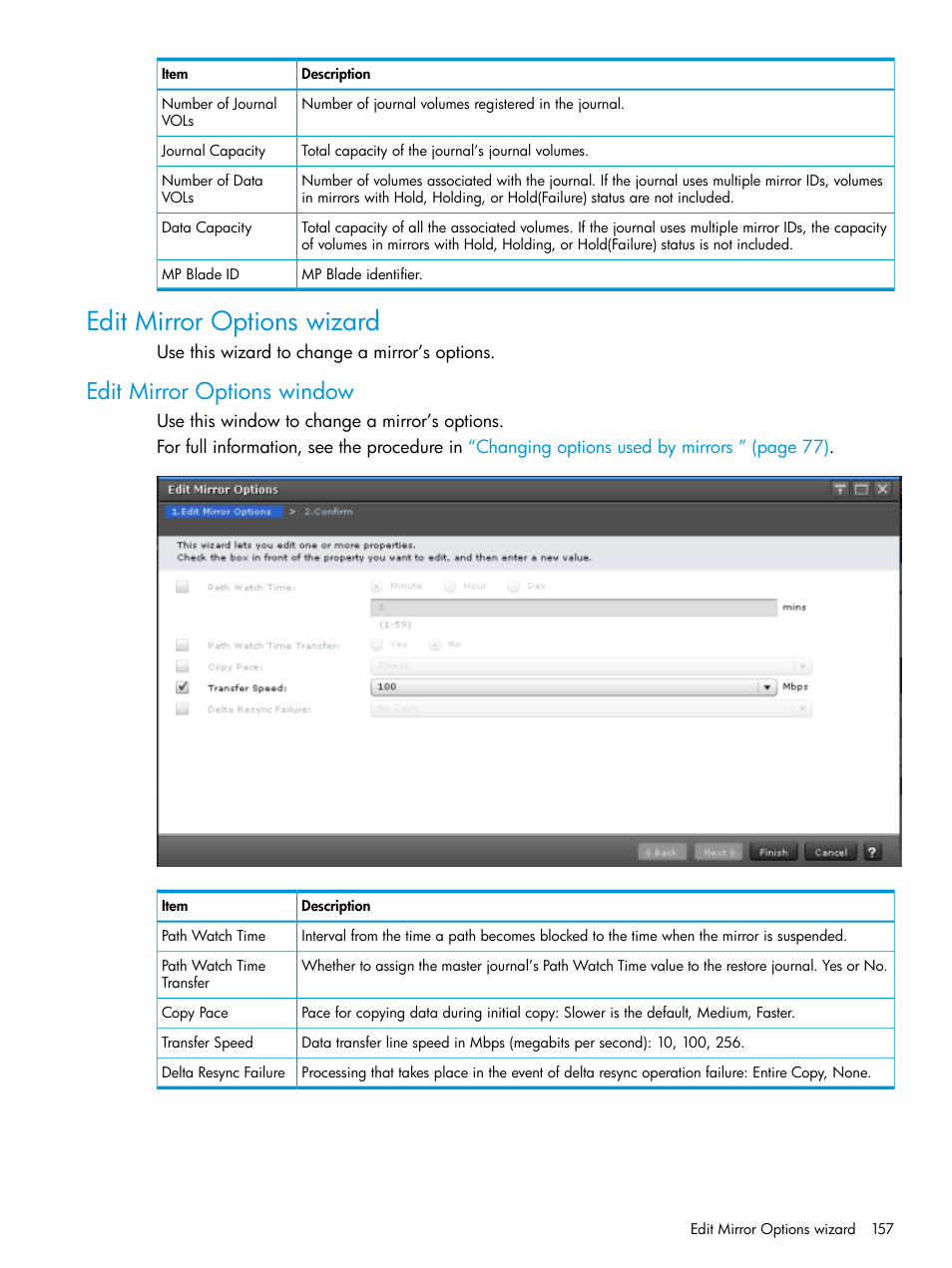 Edit mirror options wizard, Edit mirror options window | HP XP7 Storage User Manual | Page 157 / 186