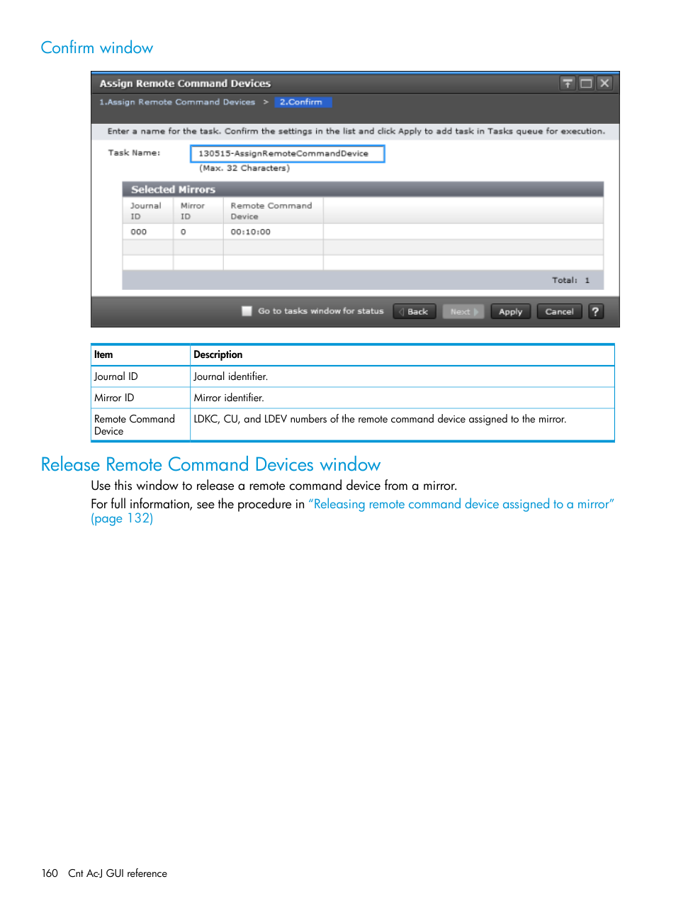 Confirm window, Release remote command devices window | HP XP7 Storage User Manual | Page 160 / 186