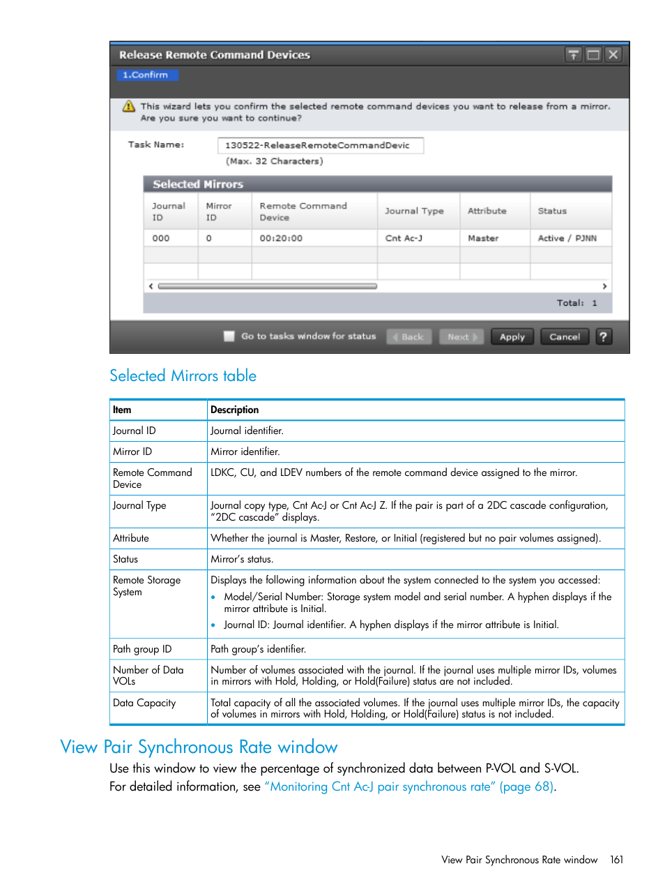 View pair synchronous rate window, Selected mirrors table | HP XP7 Storage User Manual | Page 161 / 186