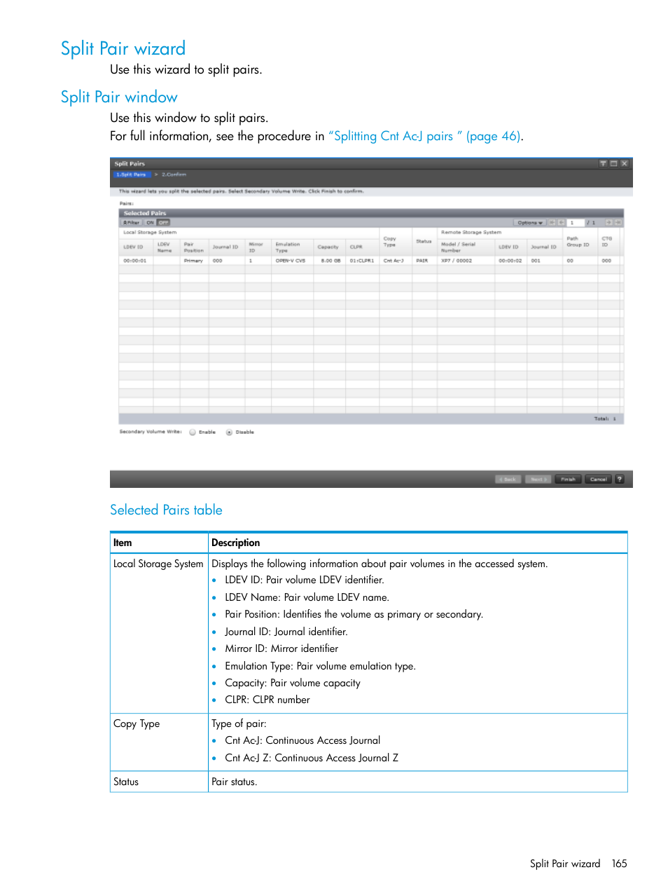 Split pair wizard, Split pair window, Selected pairs table | HP XP7 Storage User Manual | Page 165 / 186