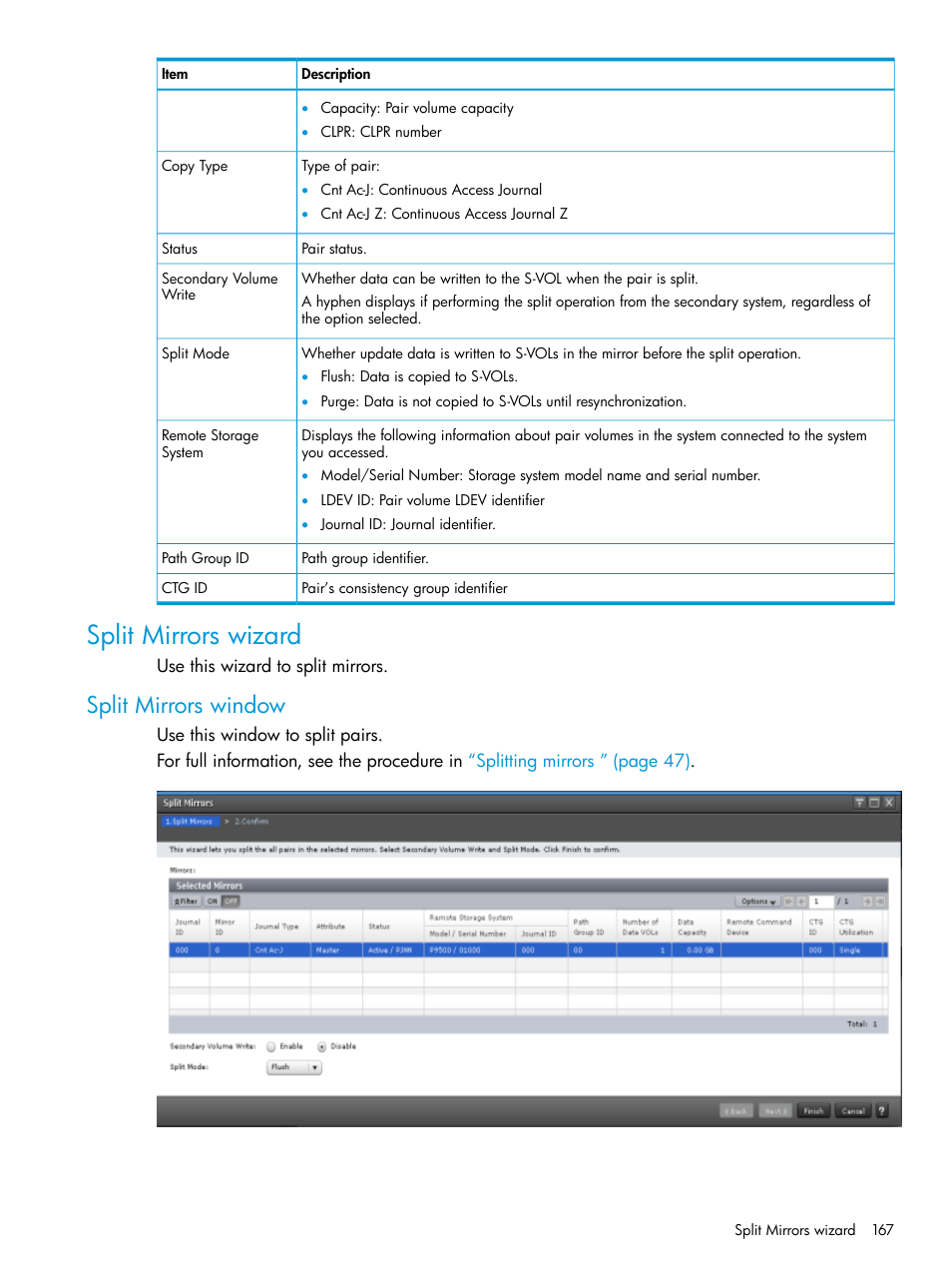 Split mirrors wizard, Split mirrors window | HP XP7 Storage User Manual | Page 167 / 186