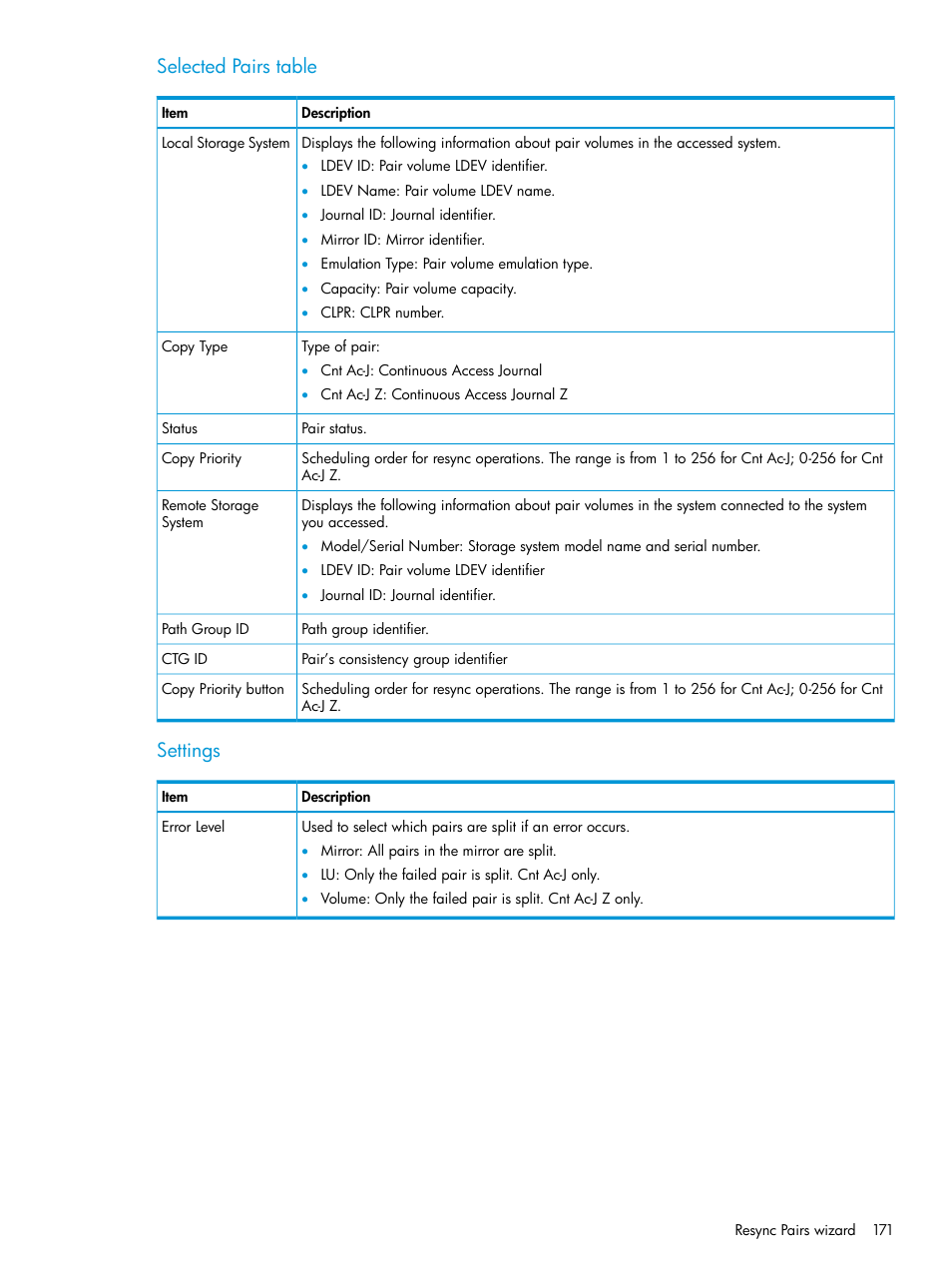 Selected pairs table, Settings | HP XP7 Storage User Manual | Page 171 / 186