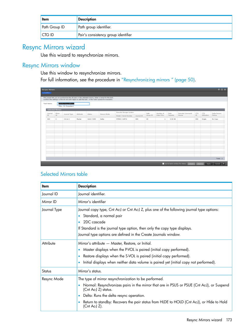 Resync mirrors wizard, Resync mirrors window, Selected mirrors table | HP XP7 Storage User Manual | Page 173 / 186