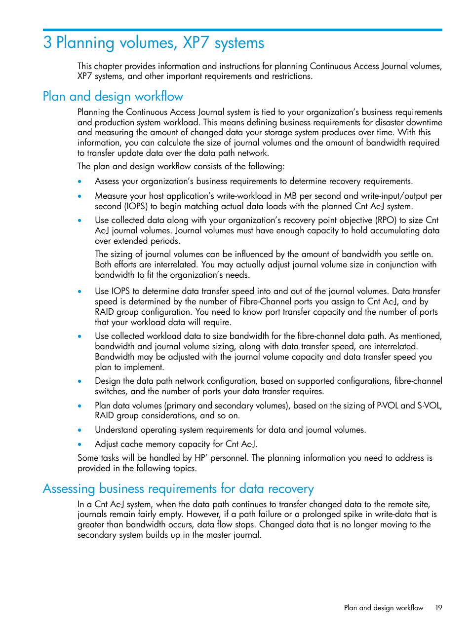 3 planning volumes, xp7 systems, Plan and design workflow, Assessing business requirements for data recovery | HP XP7 Storage User Manual | Page 19 / 186