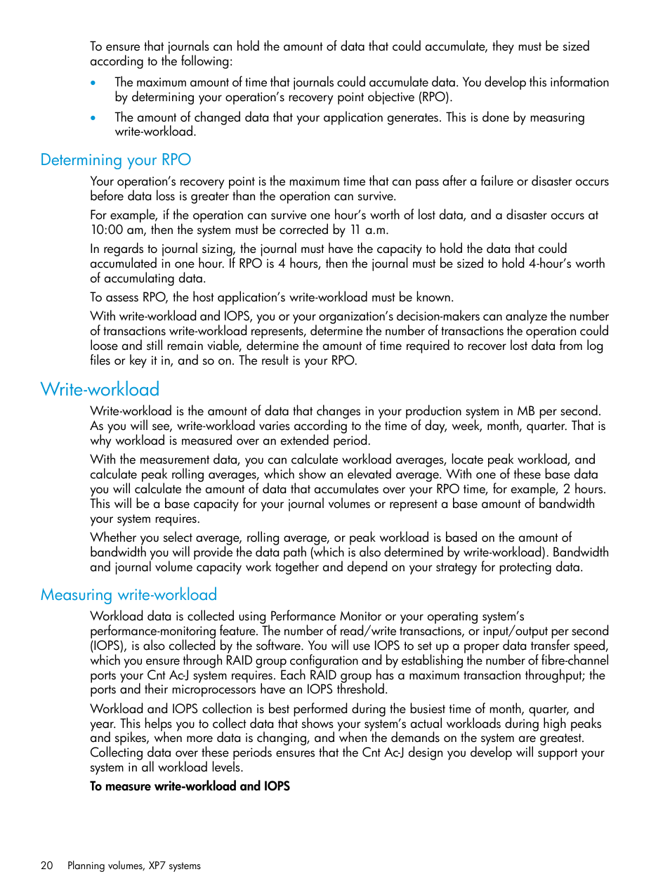 Determining your rpo, Write-workload, Measuring write-workload | HP XP7 Storage User Manual | Page 20 / 186