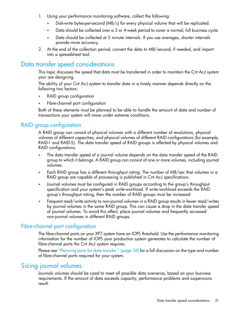 Data transfer speed considerations, Raid group configuration, Fibre-channel port configuration | Sizing journal volumes | HP XP7 Storage User Manual | Page 21 / 186