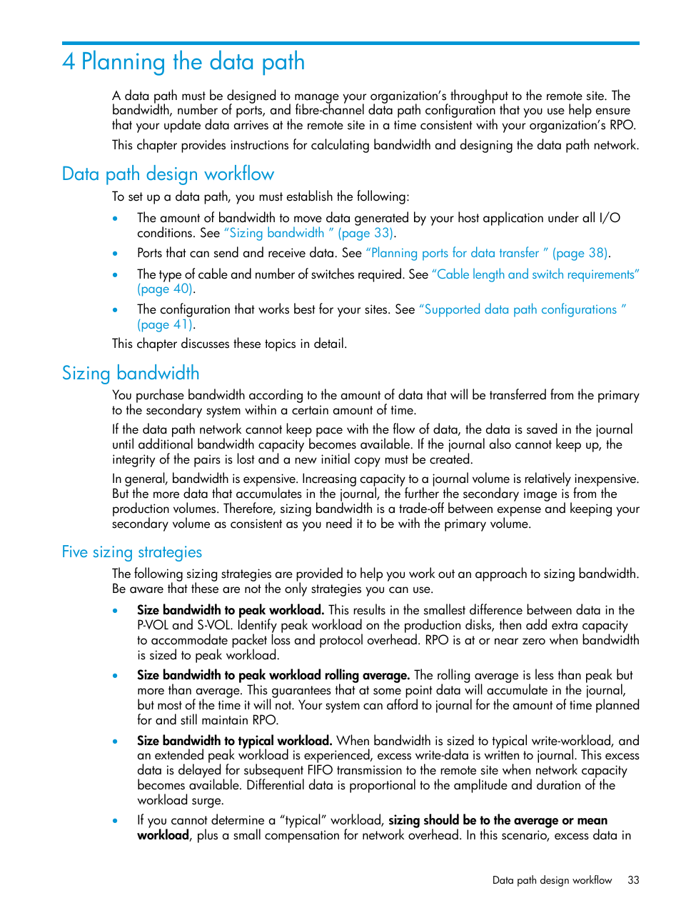 4 planning the data path, Data path design workflow, Sizing bandwidth | Five sizing strategies, Data path design workflow sizing bandwidth | HP XP7 Storage User Manual | Page 33 / 186