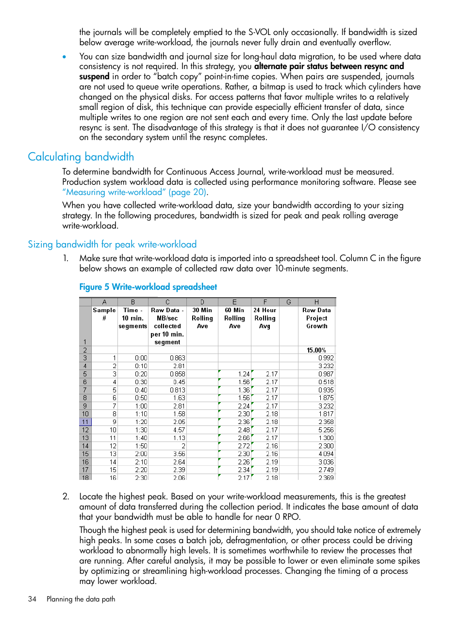 Calculating bandwidth, Sizing bandwidth for peak write-workload | HP XP7 Storage User Manual | Page 34 / 186