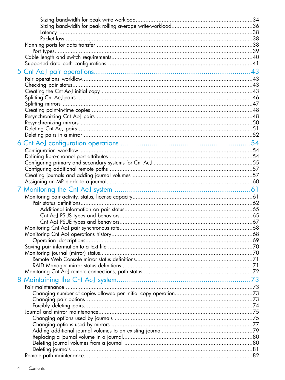 5 cnt ac-j pair operations, 6 cnt ac-j configuration operations, 7 monitoring the cnt ac-j system | 8 maintaining the cnt ac-j system | HP XP7 Storage User Manual | Page 4 / 186