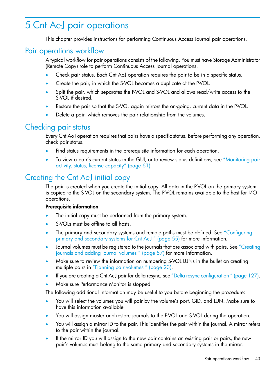 5 cnt ac-j pair operations, Pair operations workflow, Checking pair status | Creating the cnt ac-j initial copy, Creating | HP XP7 Storage User Manual | Page 43 / 186