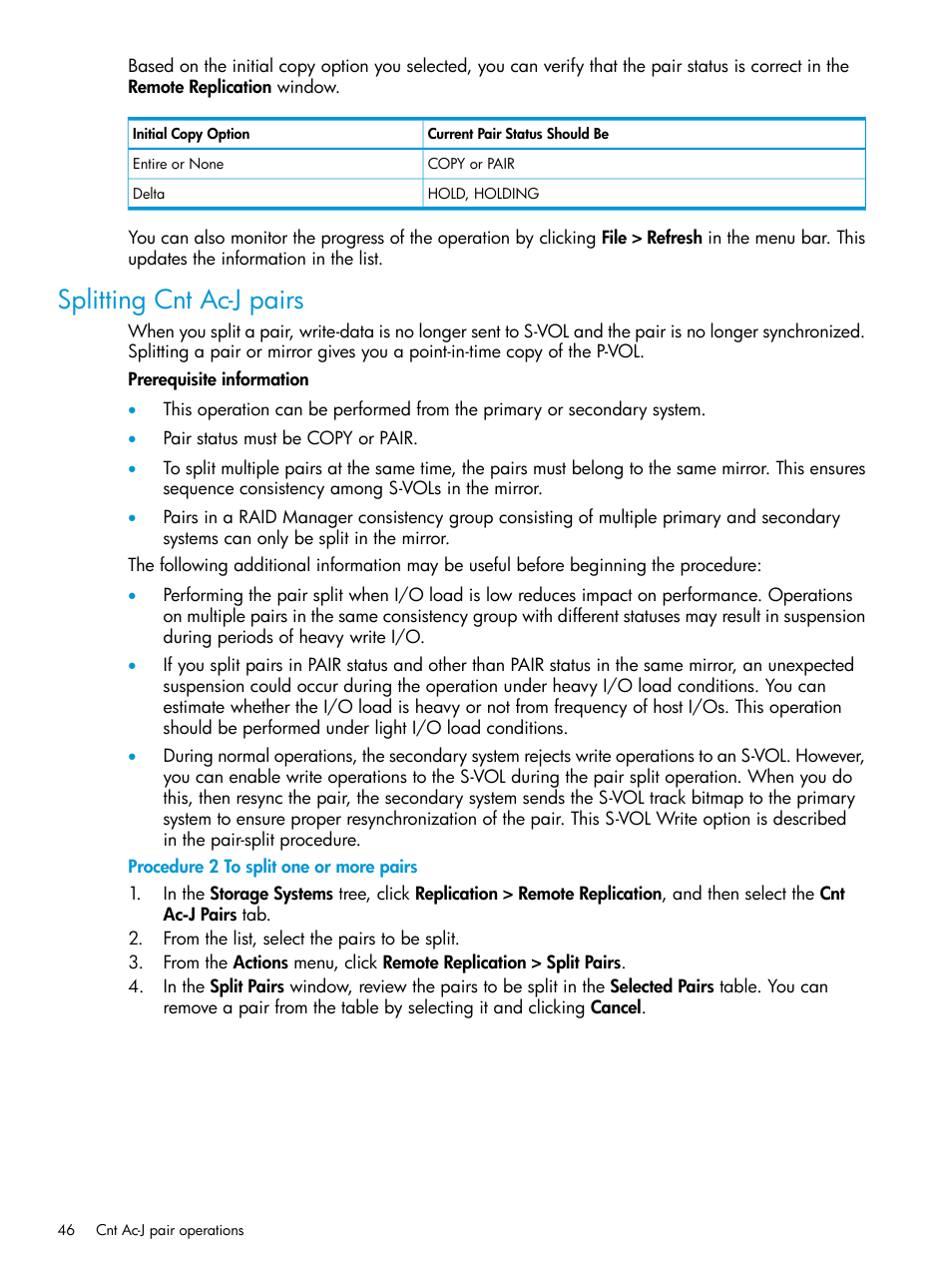 Splitting cnt ac-j pairs | HP XP7 Storage User Manual | Page 46 / 186