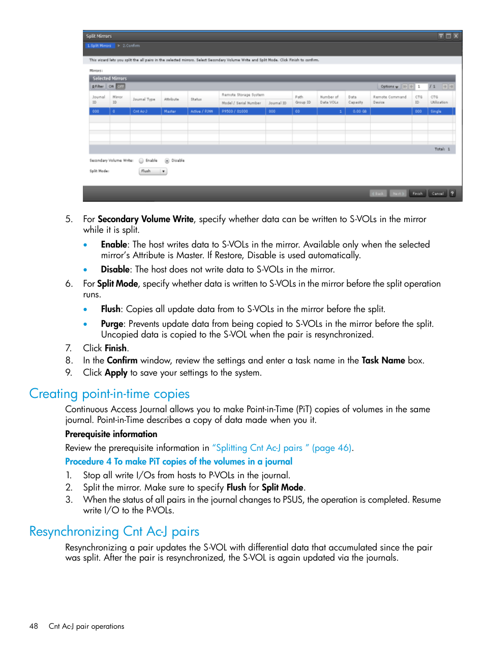 Creating point-in-time copies, Resynchronizing cnt ac-j pairs | HP XP7 Storage User Manual | Page 48 / 186