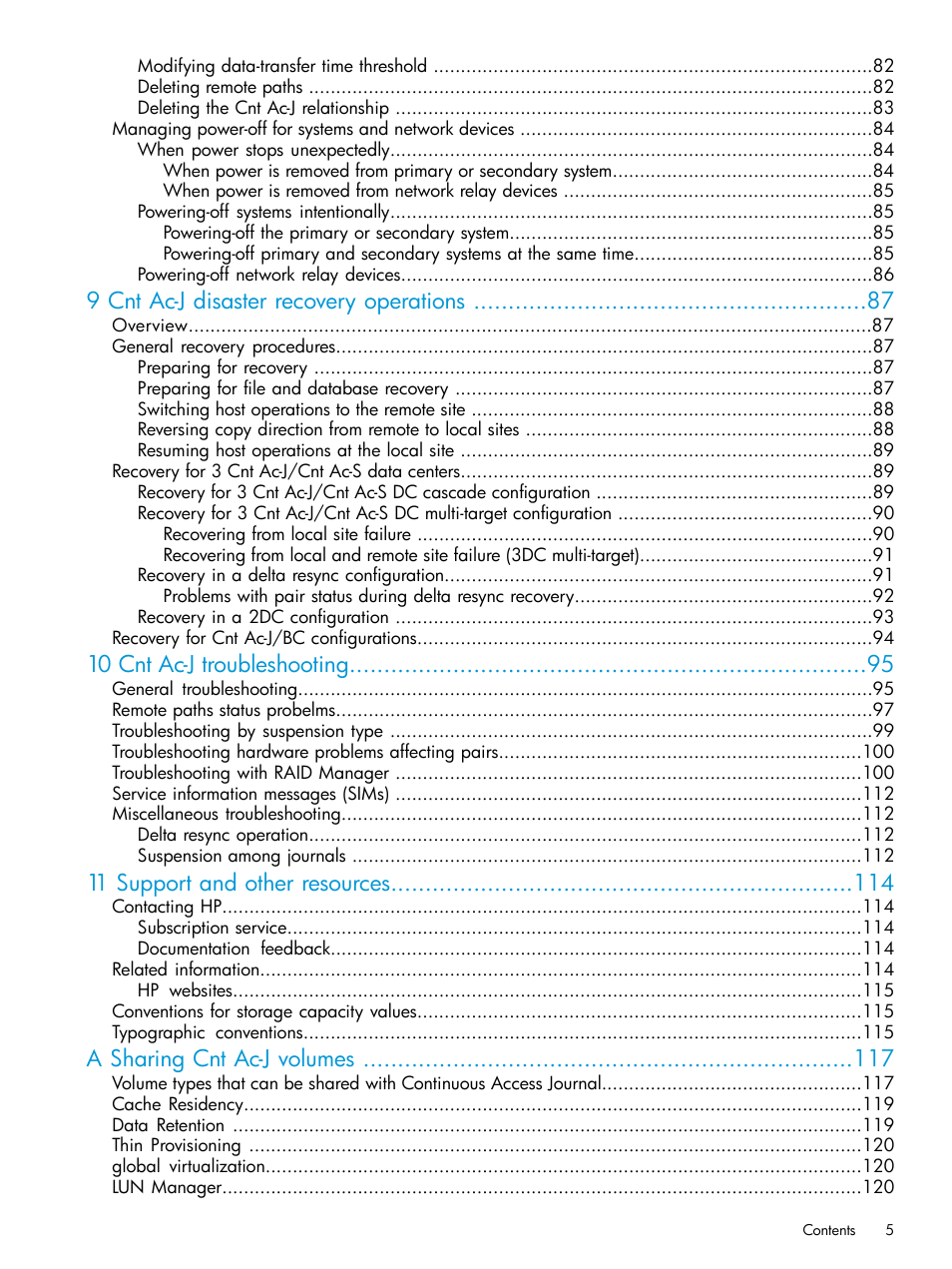 9 cnt ac-j disaster recovery operations, 10 cnt ac-j troubleshooting, 11 support and other resources | A sharing cnt ac-j volumes | HP XP7 Storage User Manual | Page 5 / 186