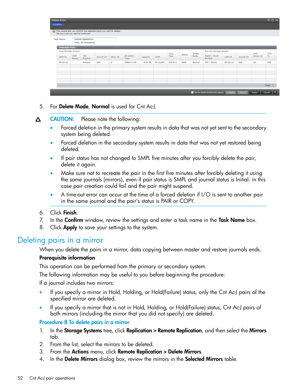 Deleting pairs in a mirror | HP XP7 Storage User Manual | Page 52 / 186