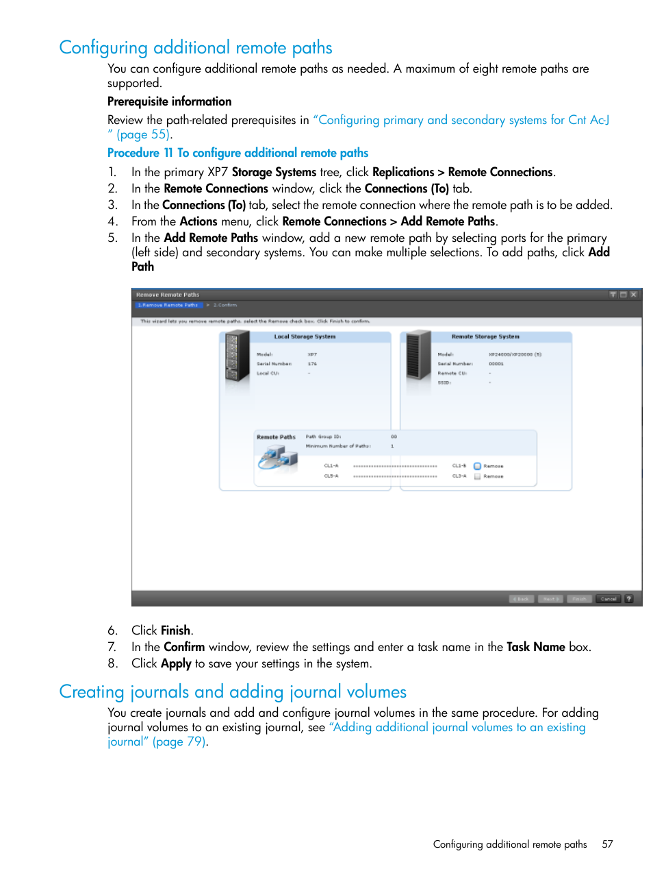 Configuring additional remote paths, Creating journals and adding journal volumes, Creating | Configuring additional | HP XP7 Storage User Manual | Page 57 / 186