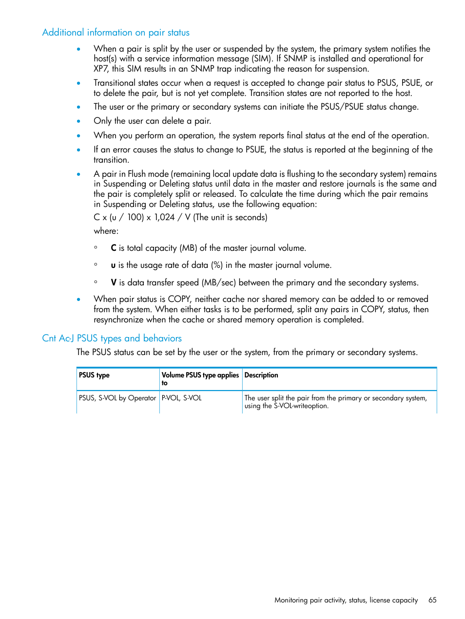 Additional information on pair status, Cnt ac-j psus types and behaviors | HP XP7 Storage User Manual | Page 65 / 186