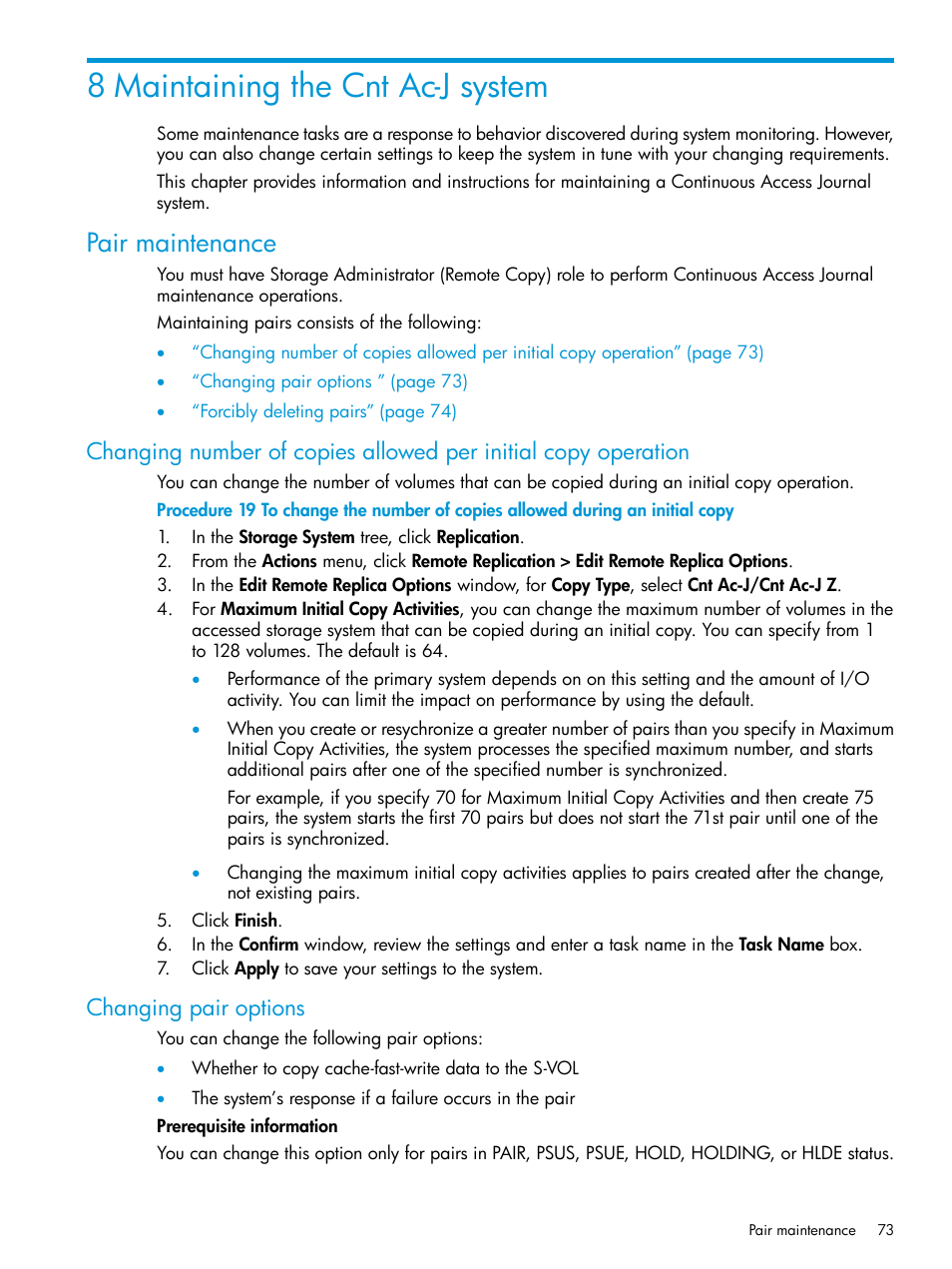 8 maintaining the cnt ac-j system, Pair maintenance, Changing pair options | HP XP7 Storage User Manual | Page 73 / 186