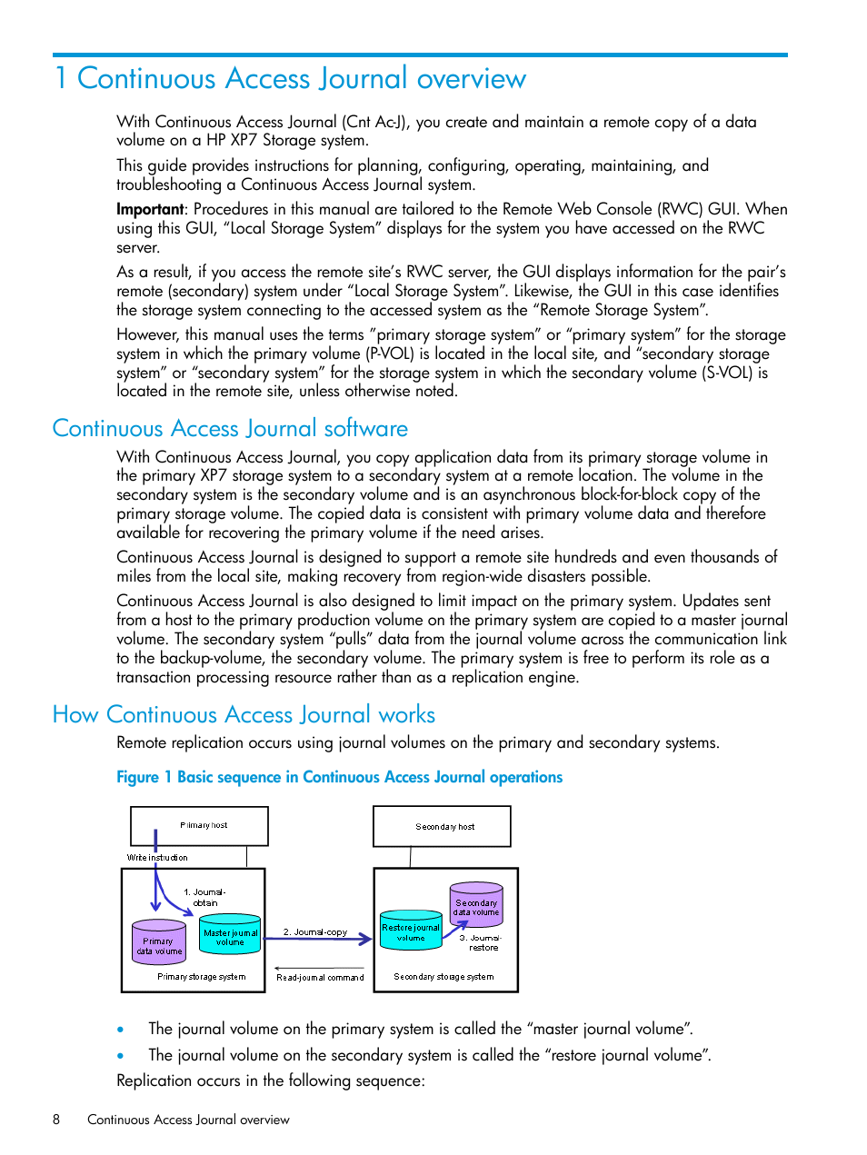 1 continuous access journal overview, Continuous access journal software, How continuous access journal works | HP XP7 Storage User Manual | Page 8 / 186