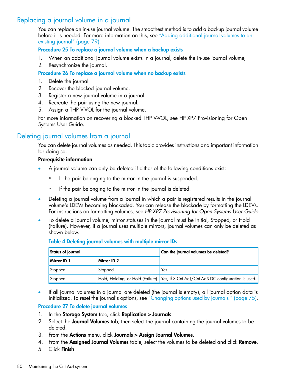 Replacing a journal volume in a journal, Deleting journal volumes from a journal | HP XP7 Storage User Manual | Page 80 / 186