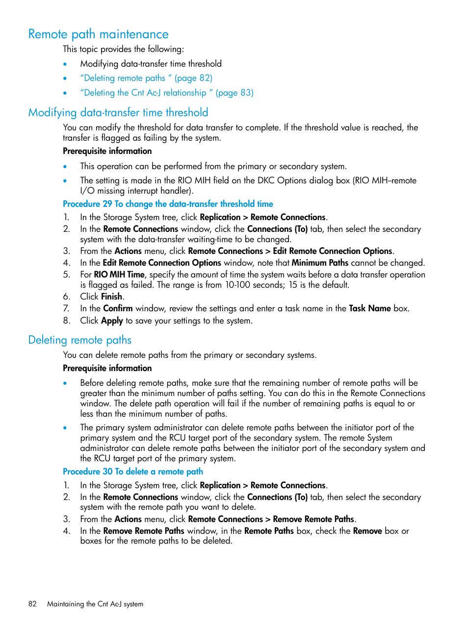 Remote path maintenance, Modifying data-transfer time threshold, Deleting remote paths | HP XP7 Storage User Manual | Page 82 / 186