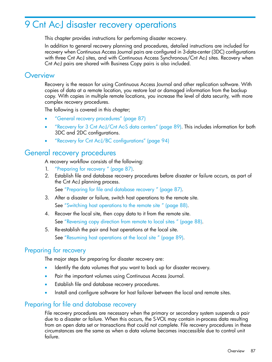 9 cnt ac-j disaster recovery operations, Overview, General recovery procedures | Preparing for recovery, Preparing for file and database recovery, Overview general recovery procedures | HP XP7 Storage User Manual | Page 87 / 186