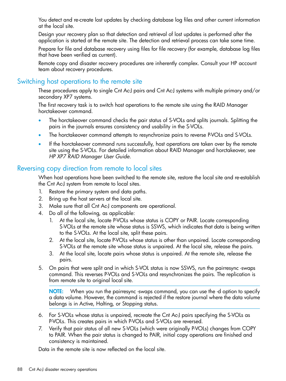 Switching host operations to the remote site, Switching host operations to the | HP XP7 Storage User Manual | Page 88 / 186