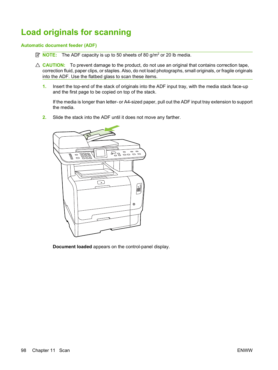 Load originals for scanning | HP Color LaserJet CM2320 Multifunction Printer series User Manual | Page 110 / 292