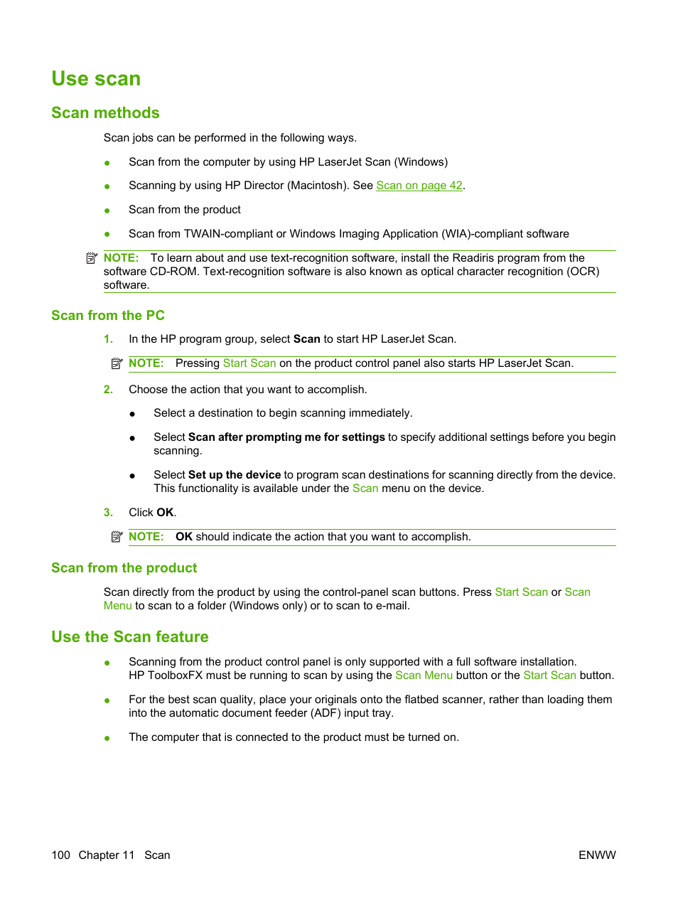 Use scan, Scan methods, Scan from the pc | Scan from the product, Use the scan feature, Scan methods use the scan feature | HP Color LaserJet CM2320 Multifunction Printer series User Manual | Page 112 / 292