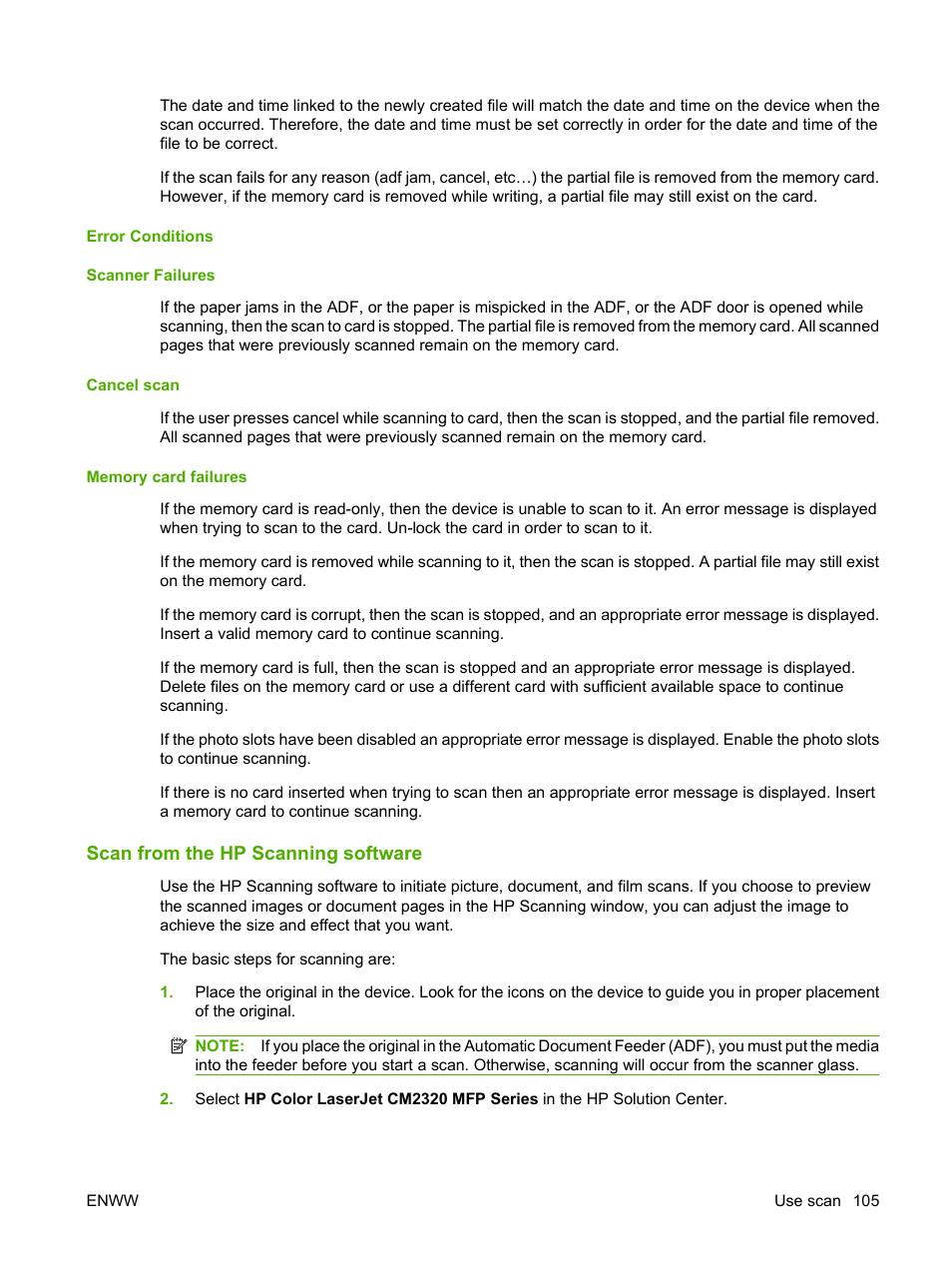Error conditions, Scanner failures, Cancel scan | Memory card failures, Scan from the hp scanning software | HP Color LaserJet CM2320 Multifunction Printer series User Manual | Page 117 / 292