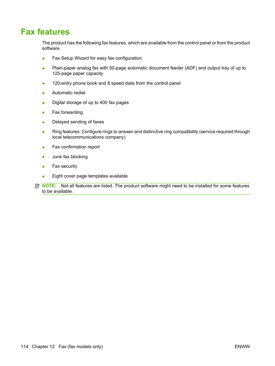 Fax features | HP Color LaserJet CM2320 Multifunction Printer series User Manual | Page 126 / 292
