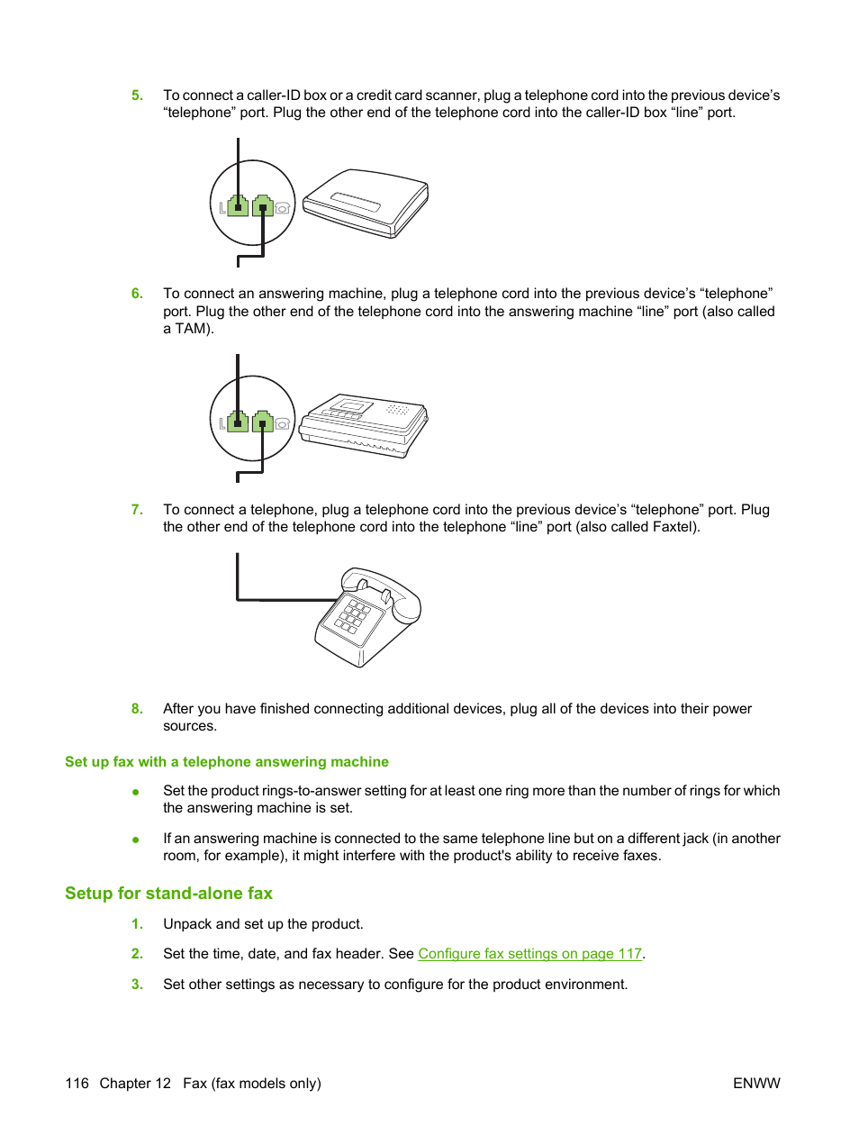 Set up fax with a telephone answering machine, Setup for stand-alone fax | HP Color LaserJet CM2320 Multifunction Printer series User Manual | Page 128 / 292
