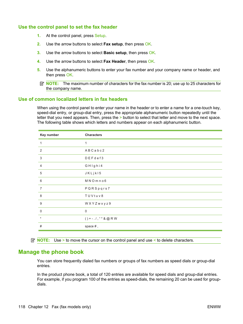 Use the control panel to set the fax header, Use of common localized letters in fax headers, Manage the phone book | HP Color LaserJet CM2320 Multifunction Printer series User Manual | Page 130 / 292