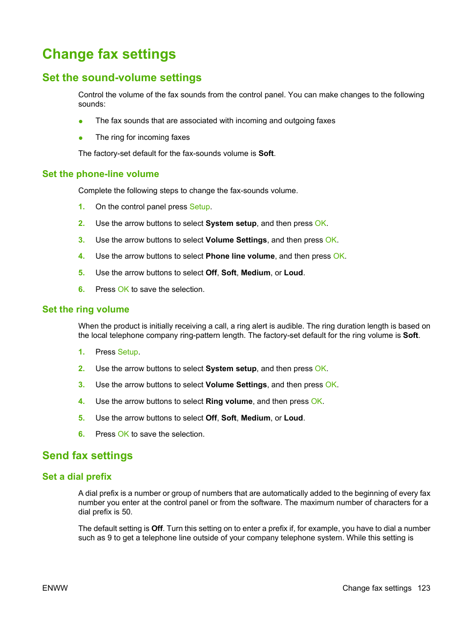 Change fax settings, Set the sound-volume settings, Set the phone-line volume | Set the ring volume, Send fax settings, Set a dial prefix, Set the sound-volume settings send fax settings | HP Color LaserJet CM2320 Multifunction Printer series User Manual | Page 135 / 292