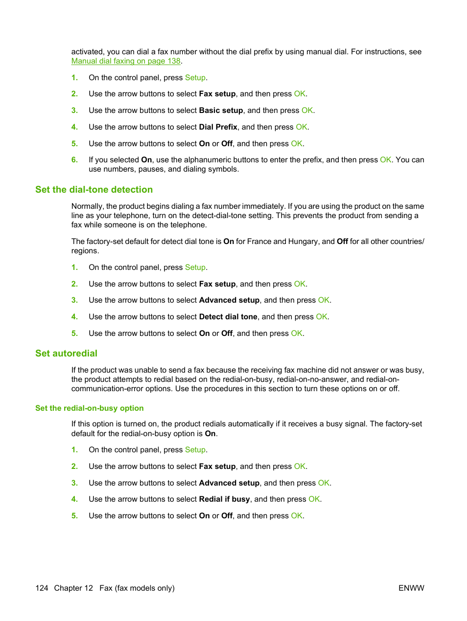 Set the dial-tone detection, Set autoredial | HP Color LaserJet CM2320 Multifunction Printer series User Manual | Page 136 / 292