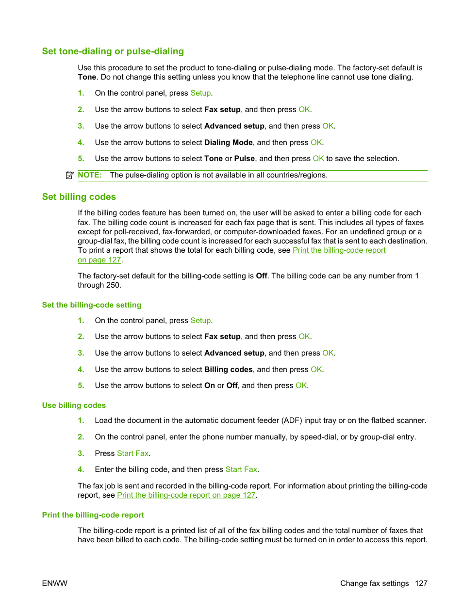 Set tone-dialing or pulse-dialing, Set billing codes | HP Color LaserJet CM2320 Multifunction Printer series User Manual | Page 139 / 292