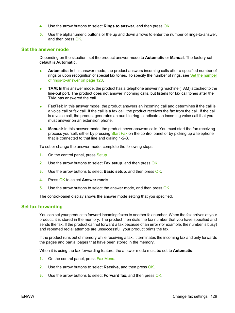 Set the answer mode, Set fax forwarding | HP Color LaserJet CM2320 Multifunction Printer series User Manual | Page 141 / 292