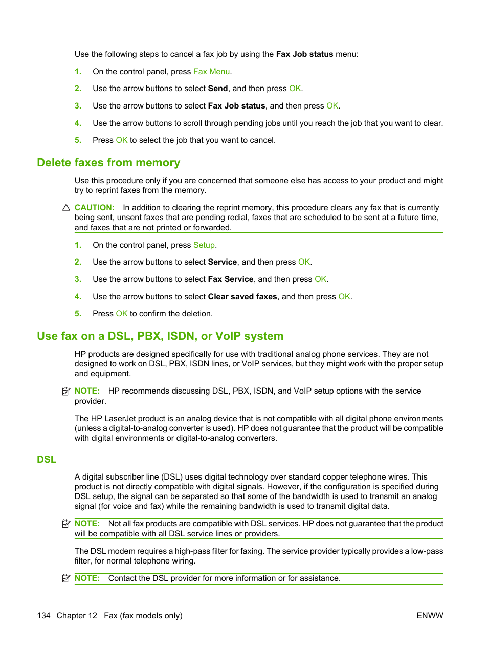 Delete faxes from memory, Use fax on a dsl, pbx, isdn, or voip system | HP Color LaserJet CM2320 Multifunction Printer series User Manual | Page 146 / 292