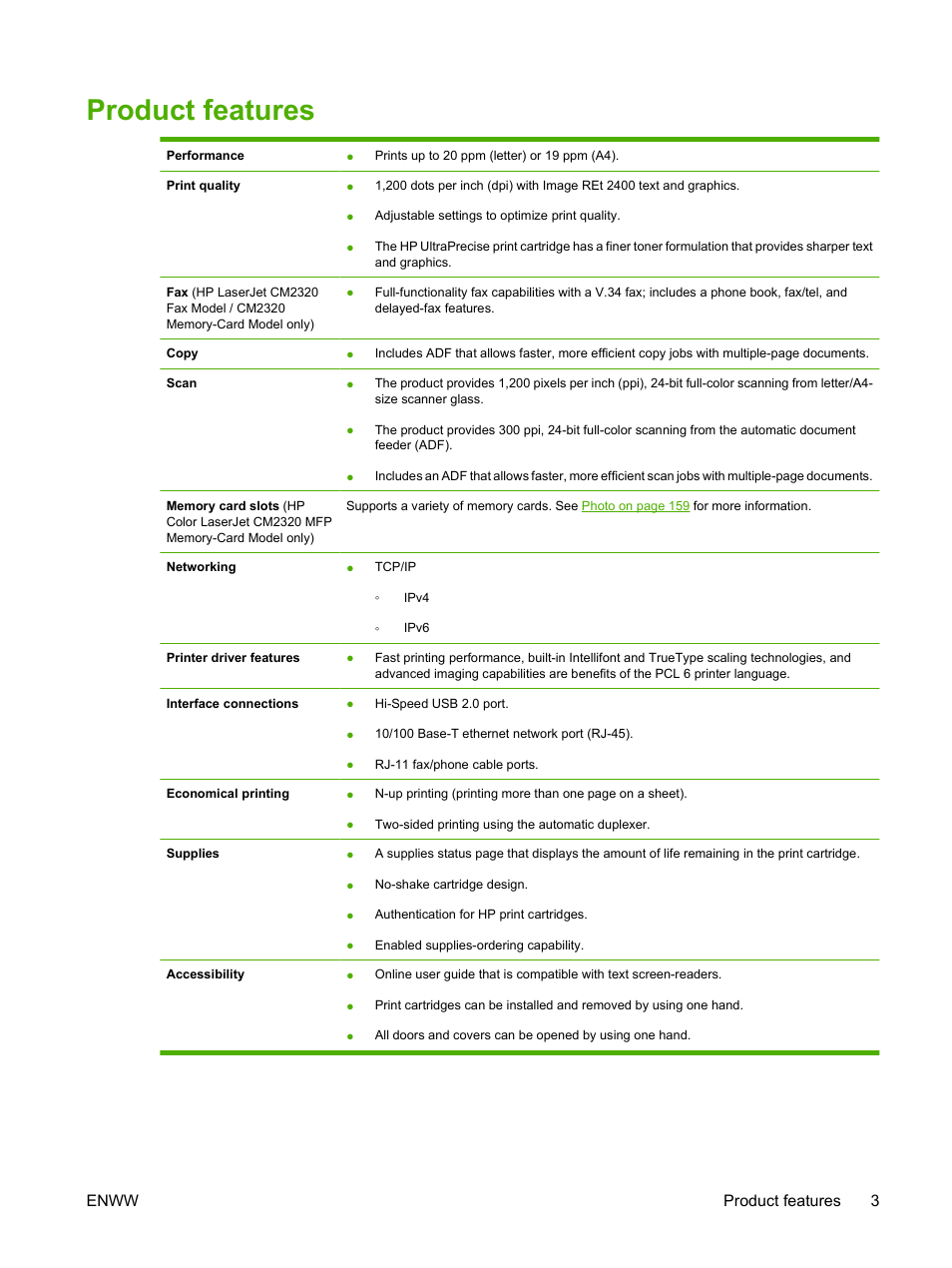 Product features, Enww product features 3 | HP Color LaserJet CM2320 Multifunction Printer series User Manual | Page 15 / 292