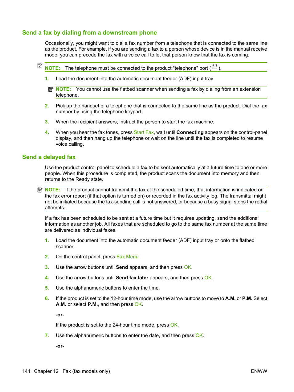 Send a fax by dialing from a downstream phone, Send a delayed fax | HP Color LaserJet CM2320 Multifunction Printer series User Manual | Page 156 / 292