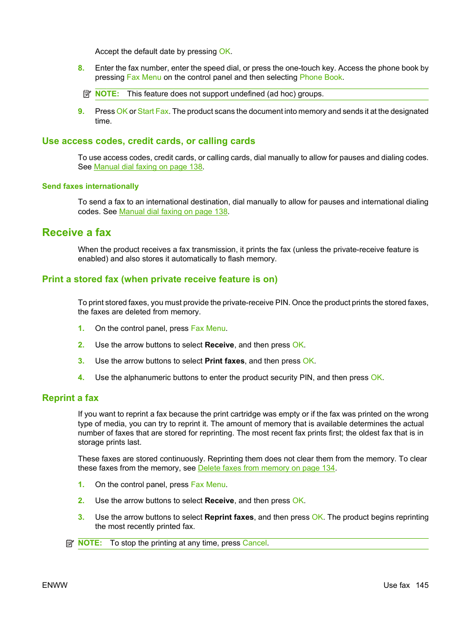 Use access codes, credit cards, or calling cards, Send faxes internationally, Receive a fax | Reprint a fax | HP Color LaserJet CM2320 Multifunction Printer series User Manual | Page 157 / 292