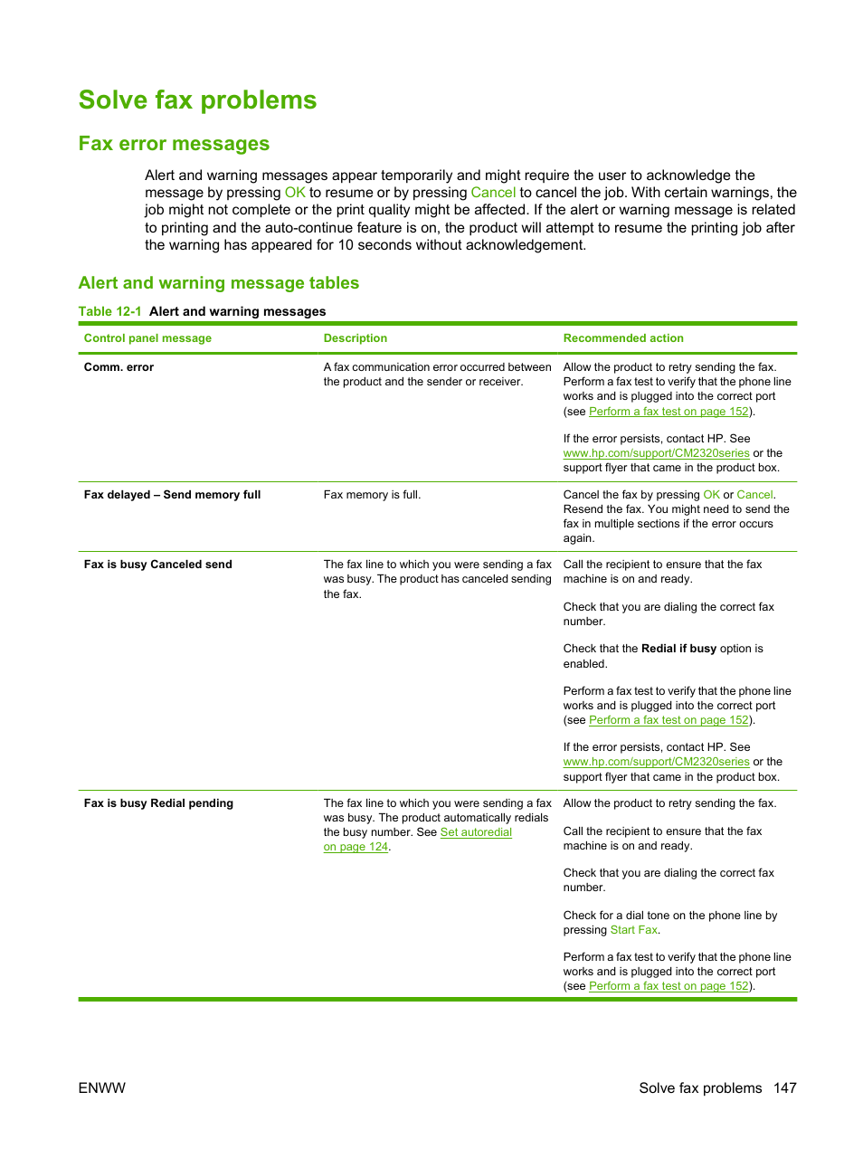 Solve fax problems, Fax error messages, Alert and warning message tables | HP Color LaserJet CM2320 Multifunction Printer series User Manual | Page 159 / 292