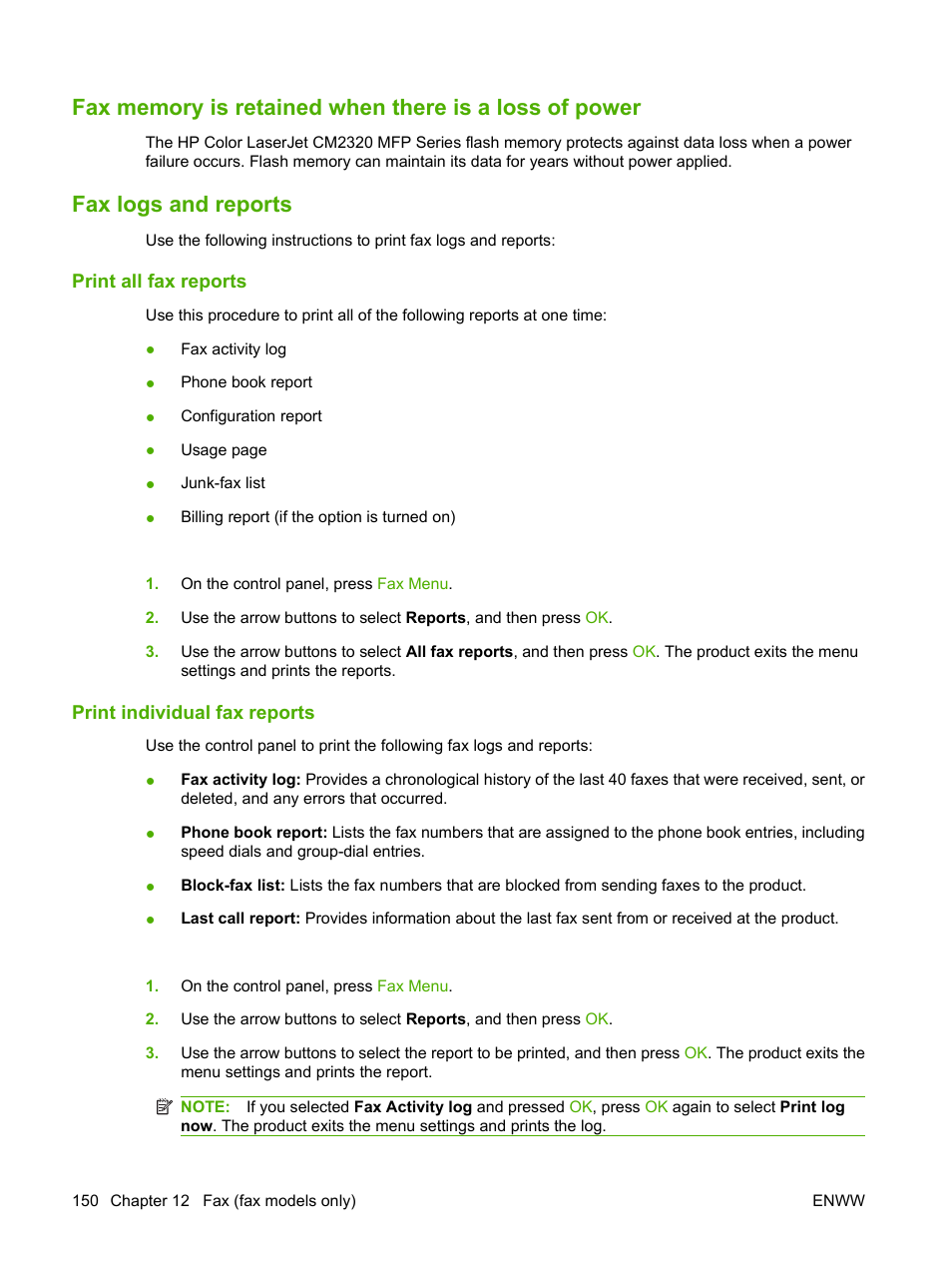 Fax logs and reports, Print all fax reports, Print individual fax reports | HP Color LaserJet CM2320 Multifunction Printer series User Manual | Page 162 / 292