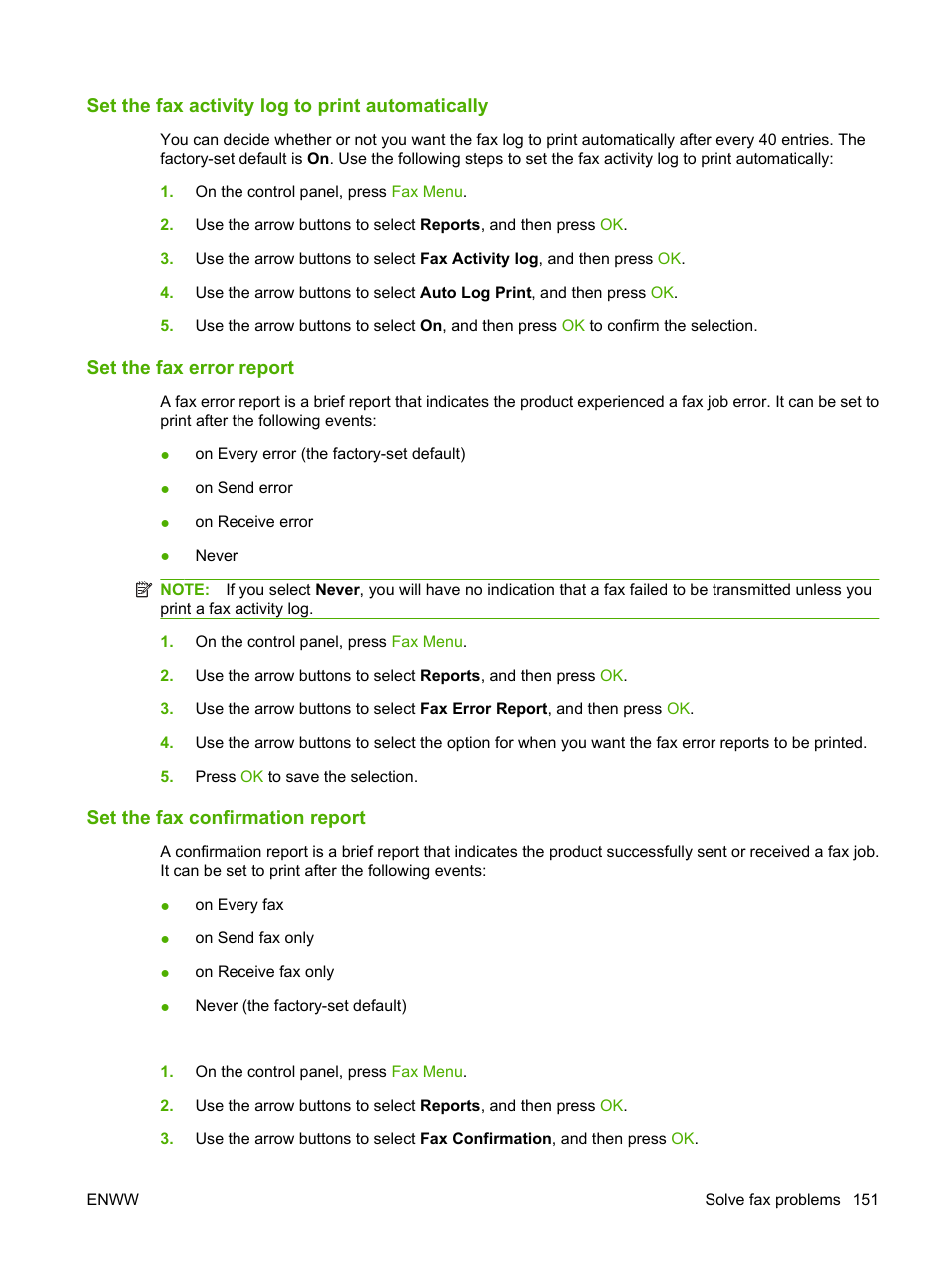 Set the fax activity log to print automatically, Set the fax error report, Set the fax confirmation report | HP Color LaserJet CM2320 Multifunction Printer series User Manual | Page 163 / 292