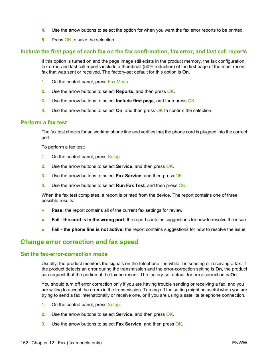 Perform a fax test, Change error correction and fax speed, Set the fax-error-correction mode | Set the | HP Color LaserJet CM2320 Multifunction Printer series User Manual | Page 164 / 292