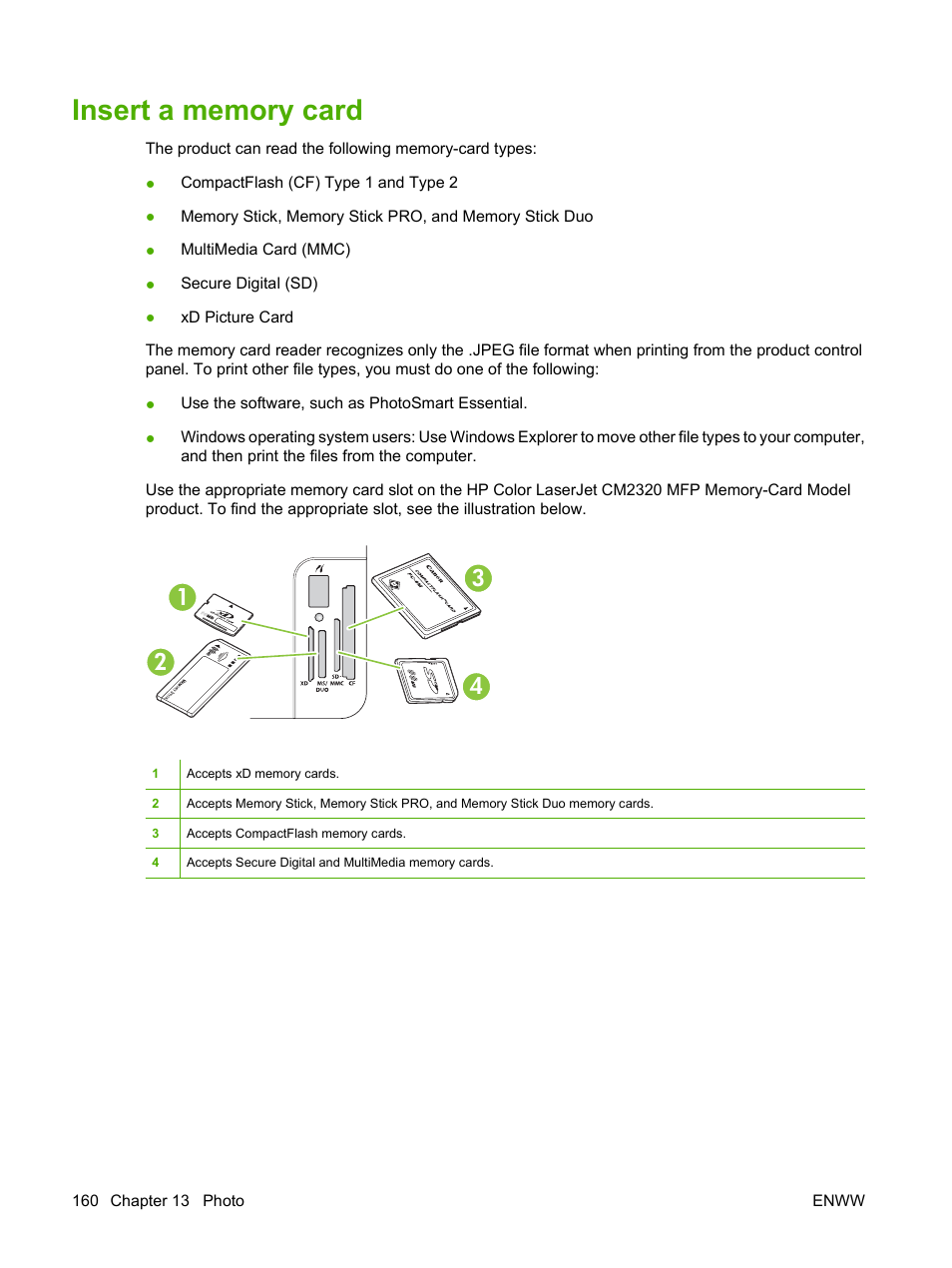 Insert a memory card | HP Color LaserJet CM2320 Multifunction Printer series User Manual | Page 172 / 292
