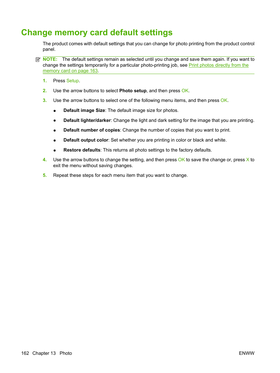 Change memory card default settings | HP Color LaserJet CM2320 Multifunction Printer series User Manual | Page 174 / 292