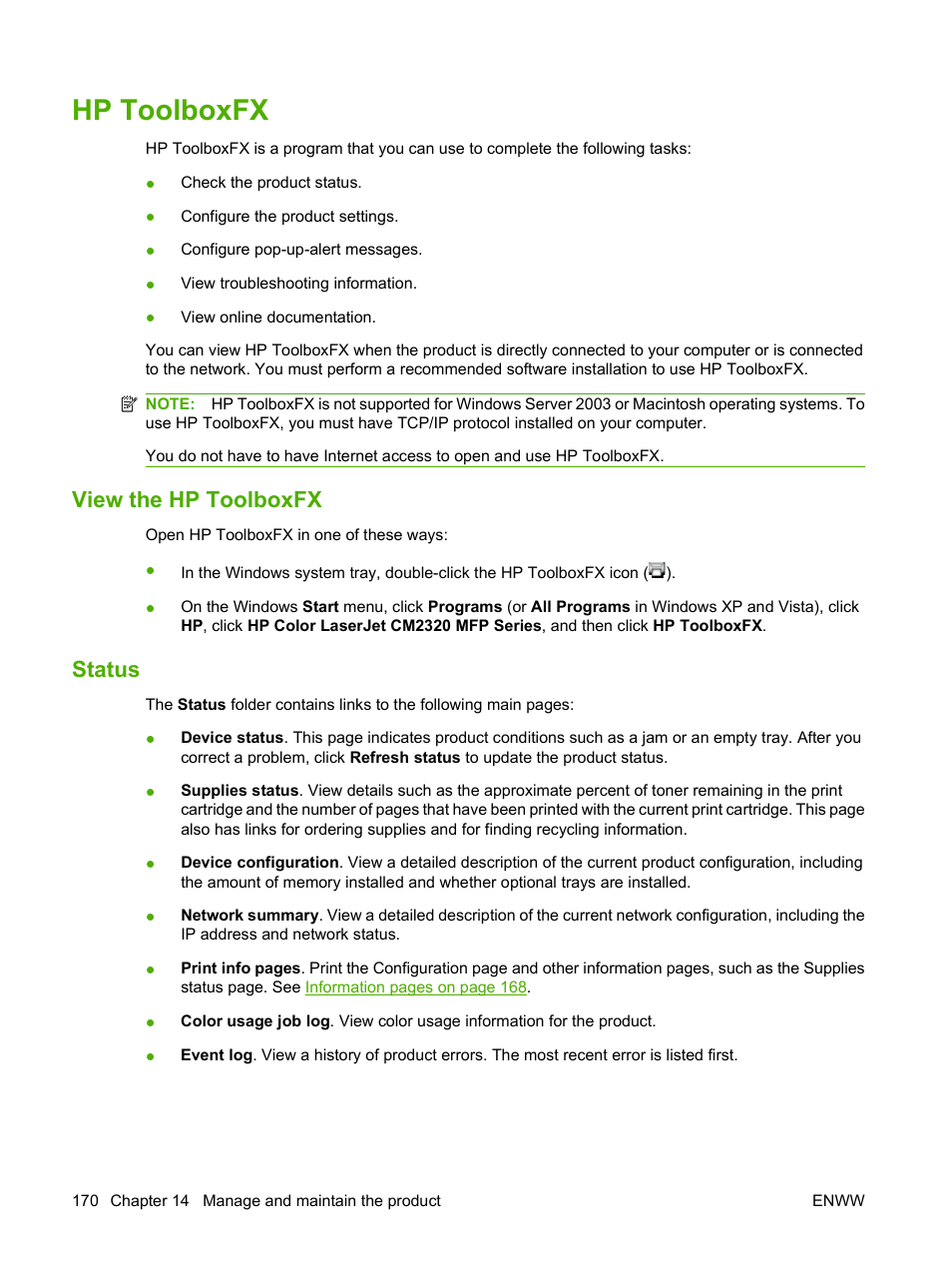 Hp toolboxfx, View the hp toolboxfx, Status | View the hp toolboxfx status | HP Color LaserJet CM2320 Multifunction Printer series User Manual | Page 182 / 292