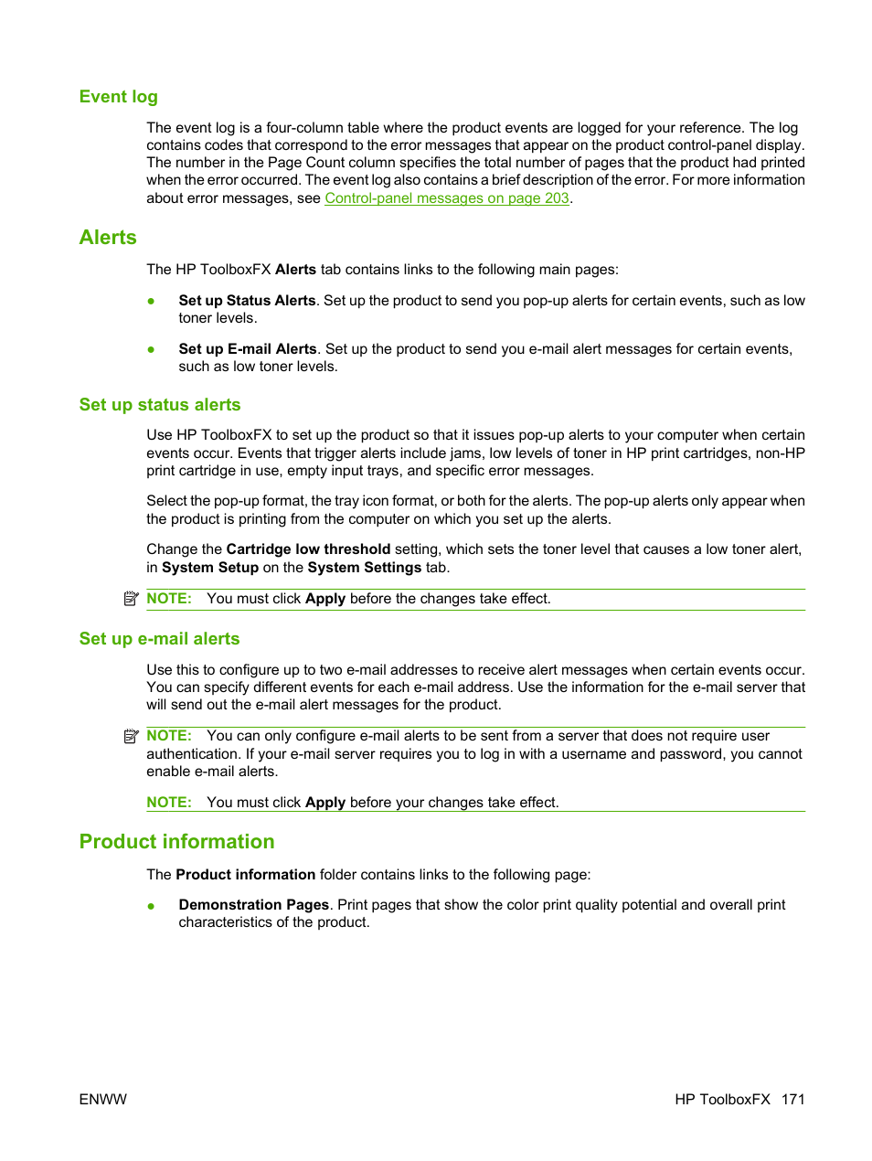 Event log, Alerts, Set up status alerts | Set up e-mail alerts, Product information, Alerts product information | HP Color LaserJet CM2320 Multifunction Printer series User Manual | Page 183 / 292
