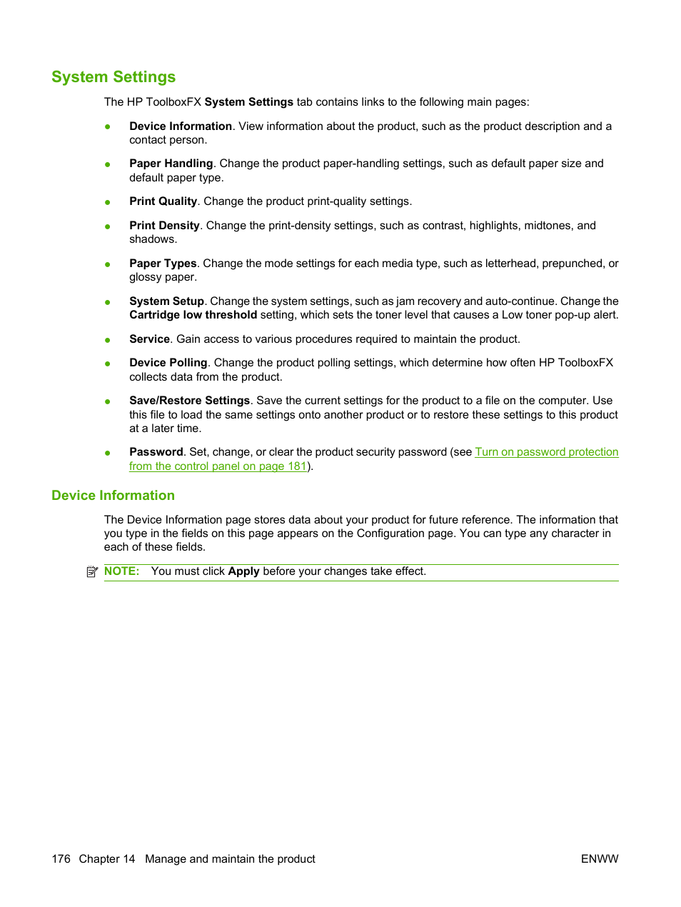 System settings, Device information | HP Color LaserJet CM2320 Multifunction Printer series User Manual | Page 188 / 292